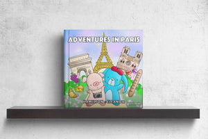 Children's board book featuring Hamilton the adorable pink pig and Eleanor the fluffy blue bunny on their recent trip travel to Paris France