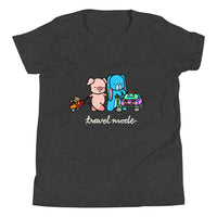 Pig and Bunny Adventure T-Shirt, Travel Mode, Adventure Begins ∙ Travel T-shirt, Vacation Shirt, Travelling, Happy Camper, Softstyle Unisex Tee Heather Dark Grey Youth