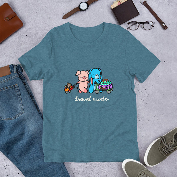 Pig and Bunny Adventure T-Shirt, Travel Mode, Adventure Begins ∙ Travel T-shirt, Vacation Shirt, Travelling, Happy Camper, Softstyle Unisex Tee Heather Deep Teal